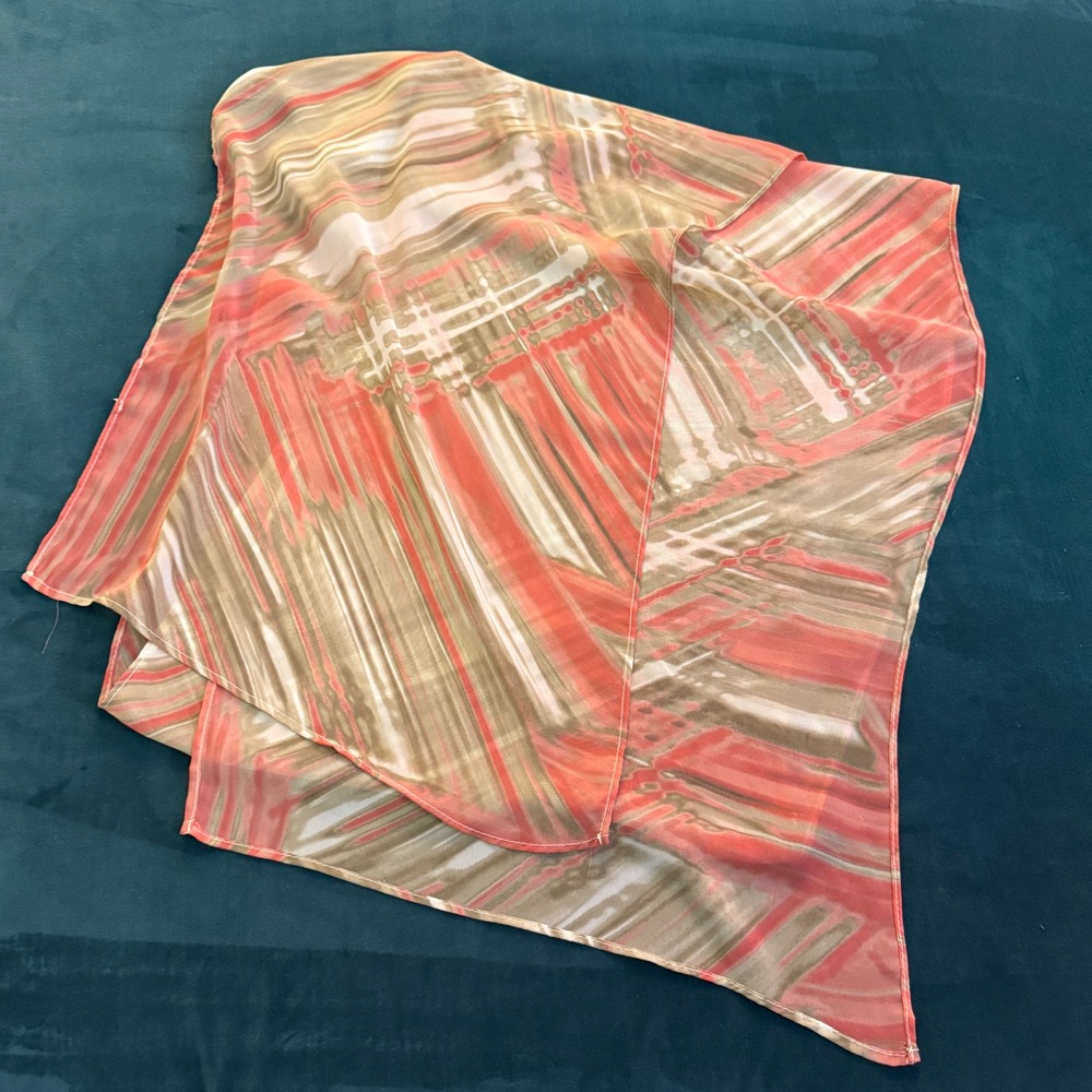 Vintage Abstract Geometric Sheer Scarf Orange Tan‎ White Lightweight 13x72